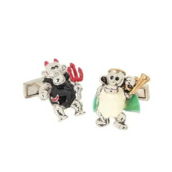 Bugatchi Logo Silver Multi-Color Enamel Monkey Devil & Monkey Angel Cuff Links - Picture 2 of 6